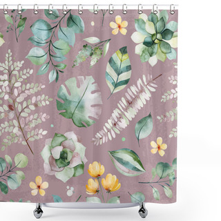Personality  Beautiful Watercolor Seamless Pattern With Succulent Plants, Fern Leaves, Branches And Flowers On Violet Background Shower Curtains