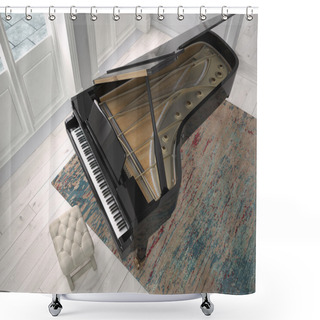 Personality  Black Piano In A Living Room. 3d Rendering Shower Curtains