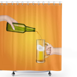 Personality  Vector Illustration Of A Cold Barley Beer Pouring From A Bottle Into A Transparent Glass . Shower Curtains