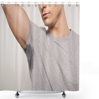 Personality  Cropped View Of Young Man In Grey T-shirt With Sweaty Underarm Isolated On Grey Shower Curtains