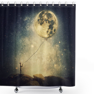 Personality  Surreal And Inspirational Scene With A Person Holding The Full Moon As A Balloon With A Rope. Dreamlike Imaginary View Over The Night Starry Sky Background Shower Curtains