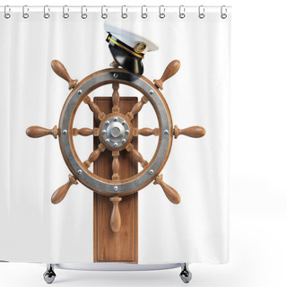 Personality  Captain Hat On Ship Wheel Isolated On White Background 3d Rendering Shower Curtains