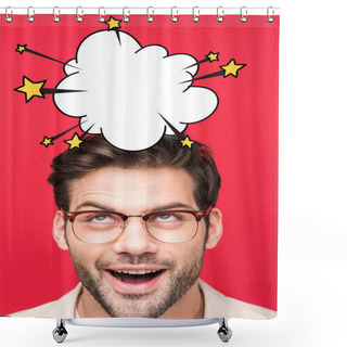 Personality  Excited Handsome Man In Glasses Looking Up At Empty Bang Cloud With Stars Isolated On Red Shower Curtains