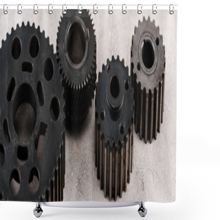 Personality  Metal Round Gears On Grey Background, Panoramic Shot Shower Curtains