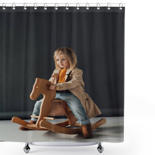 Personality   Child In Trench Coat And Jeans Sitting On Rocking Horse On Black Background Shower Curtains
