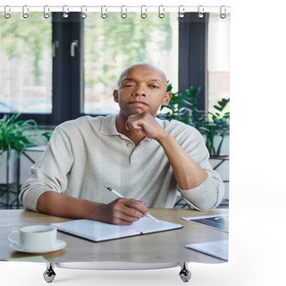 Personality  Professional Headshots, Man With Ptosis Taking Notes, Bold African American Businessman Looking At Camera, Dark Skinned Office Worker With Myasthenia Gravis Disease, Diversity And Inclusion  Shower Curtains