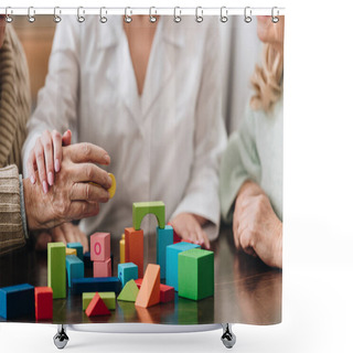 Personality  Cropped View Of Senior Couple And Caregiver Playing With Wooden Toys  Shower Curtains