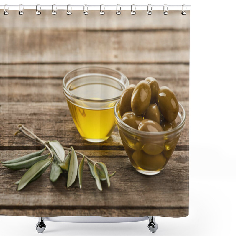 Personality  glass bowls with olives and oil, and olive tree branch on wooden surface shower curtains