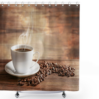 Personality  Cup Of Coffee With Grains On Wooden Background Shower Curtains