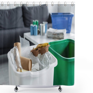 Personality  Plastic And Paper Trash In Can At Home  Shower Curtains