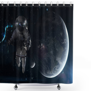 Personality  Astronaut And ISS On The Background Of Earth And Moon. Star Clusters, Nebula. Science Fiction Art. Elements Of The Image Were Furnished By NASA Shower Curtains