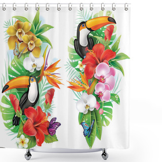 Personality  Tropical Flowers, Toucan And A Butterflies Shower Curtains