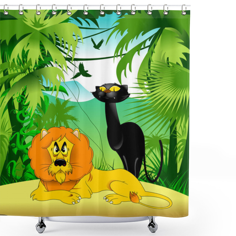 Personality  Lion And Black Panther In The Jungle Shower Curtains