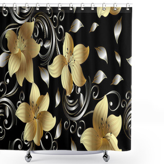 Personality  3d Golden Flowers Seamless Pattern. Floral Background Shower Curtains