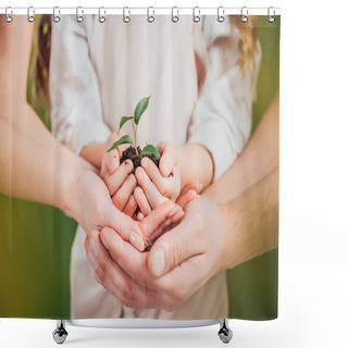Personality  Selective Focus Of Man, Woman And Child Holding Young Green Plant On Blurred Background, Earth Day Concept Shower Curtains
