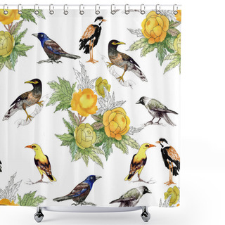 Personality  Yellow Peonies And Different Birds  Shower Curtains