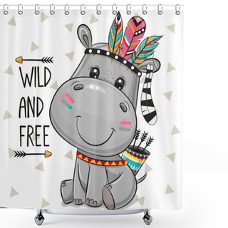 Personality  Cartoon Baby Hippo With Feathers On A White Background Shower Curtains