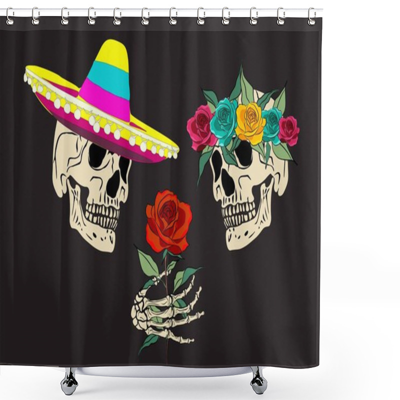 Personality  Dia De Los Muertos, Day Of The Dead, Mexican Holiday, Festival. Cartoon Human Skulls And Hand With Sombrero And Roses. Traditional Design Elements For Cards, Posters, Invitations. Vector Illustration. Shower Curtains