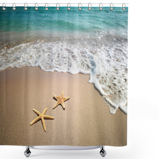 Personality  Two Starfish On A Beach Shower Curtains