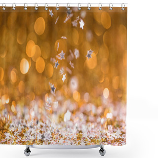 Personality  Christmas Texture With Falling Golden And Silver Shiny Confetti Stars With Bokeh Shower Curtains