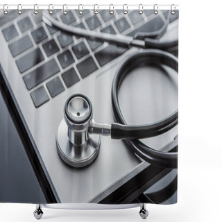 Personality  Close Up View Of Stethoscope And Laptop On Glass Surface  Shower Curtains