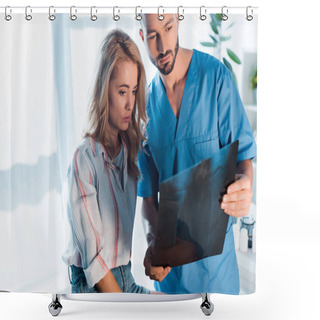 Personality  Handsome Orthopedist And Attractive Woman Looking At X-ray  Shower Curtains