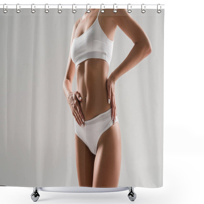 Personality  cropped view of beautiful slim woman in underwear isolated on grey shower curtains