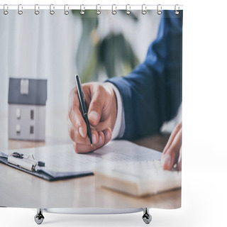 Personality  Cropped View Of Businessman Using Calculator And Writing In Contract Near House Model Shower Curtains