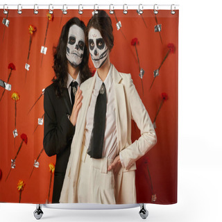 Personality  Couple In Scary Sugar Skull Makeup And Festive Attire Looking At Camera On Red Backdrop With Flowers Shower Curtains