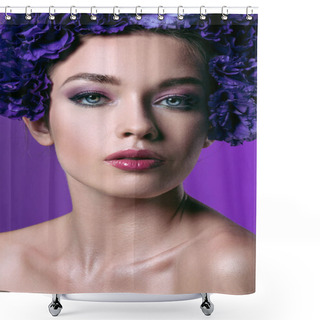 Personality  Close-up Portrait Of Beautiful Young Woman With Eustoma Flowers Wreath On Head Looking At Camera Isolated On Purple Shower Curtains