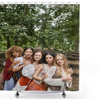 Personality  Joyful Multiethnic Group Of Women Looking At Camera And Hugging In Retreat Center Shower Curtains