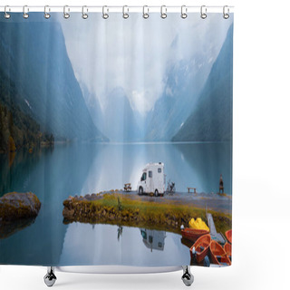 Personality  Family Vacation Travel RV, Holiday Trip In Motorhome, Caravan Car Vacation. Beautiful Nature Norway Natural Landscape. Shower Curtains