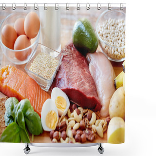 Personality  Close Up Of Different Food Items On Table Shower Curtains