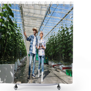 Personality  Full Length View Of Farmer Pointing With Hand At Plants Near African American Colleague With Digital Tablet Shower Curtains