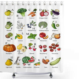 Personality  English Alphabet From Vegetables And Fruits. Vector Food Icons. Colored Sketch Of Food Shower Curtains