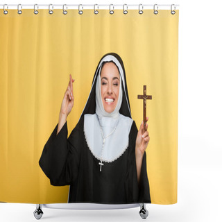 Personality  Cheerful Nun Holding Cross While Showing Fingers Crossed On Yellow Shower Curtains