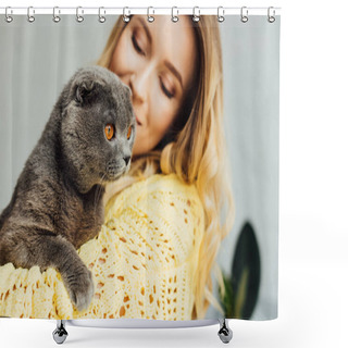 Personality  Beautiful Girl In Knitted Sweater Holding Scottish Fold Cat  Shower Curtains