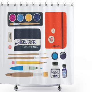 Personality  Set Of Tools For Watercolor Sketching. Travel Journaling Essentials - Sketchbook In Cover, Water Brush, Palette, Pencil, Eraser, Liner, Brush Pen, Marker. Flat Style Vector Illustrations. Shower Curtains