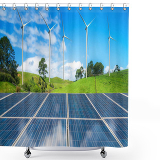 Personality  Solar Panel And Wind Turbines Farm On Green Hills. Shower Curtains