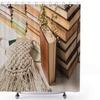 Personality  Wildflowers Near Pile Of Books With Hardcover And Knitted Crossbody Bag On White Shower Curtains