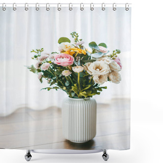 Personality  A Vibrant Bouquet Of Flowers In Various Colors And Types, Arranged In A White, Ribbed Vase On A Wooden Floor Against The Backdrop Of A Window With Sheer Curtains, Illuminating The Scene With Natural Light Shower Curtains