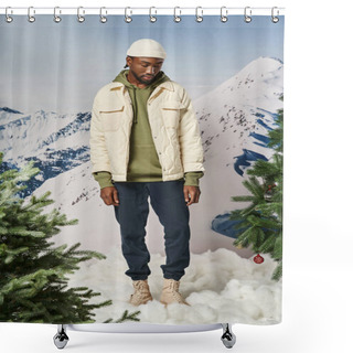 Personality  Handsome African American Man In Beanie Hat Looking Down With Mountain Backdrop, Winter Fashion Shower Curtains