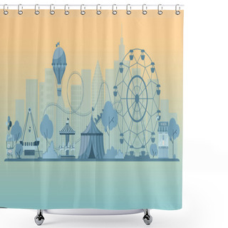Personality  Monochrome Vector Background Of Amusement Park. Urban Landscape With Carousels, Roller Coaster And Air Balloon. Carnival Theme Vector Illustration. Shower Curtains