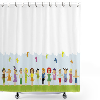 Personality  Vector Illustration Of Children Standing In A Row On The Green Field. Copyspace With Clouds And Butterflies Shower Curtains