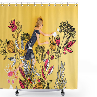 Personality  Top View Of Young Elegant Woman With Saucer And Cup Lying On Yellow Background With Floral Illustration Shower Curtains