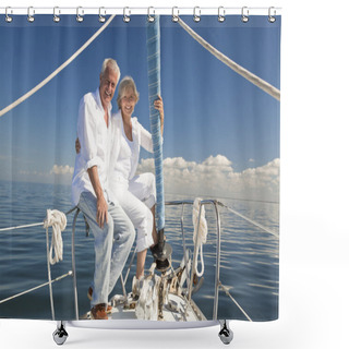 Personality  A Happy Senior Couple Embracing At The Front Or Bow Of A Sail Boat Shower Curtains