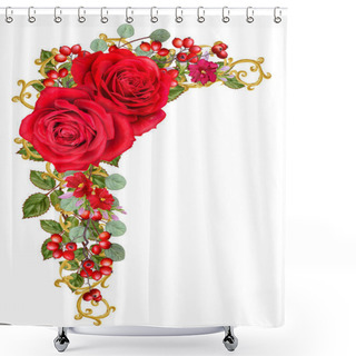Personality  Flower Arrangement, Wreath, Bouquet. Delicate Red Roses, Red Berries, Bright Green Leaves, Ornamental Plants. Isolated On White Background. Shower Curtains