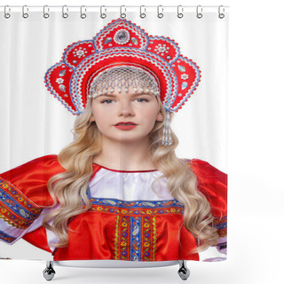 Personality  Traditional Russian Folk Costume, Portrait Of A Young Beautiful  Shower Curtains