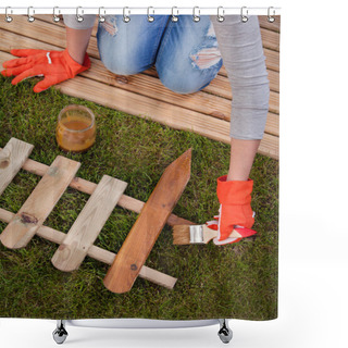 Personality  Applying Protective Varnish To A Wooden Fence Shower Curtains