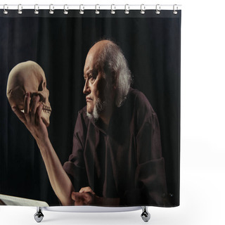 Personality  Senior Philosopher In Dark Robe Looking At Human Skull Isolated On Black Shower Curtains
